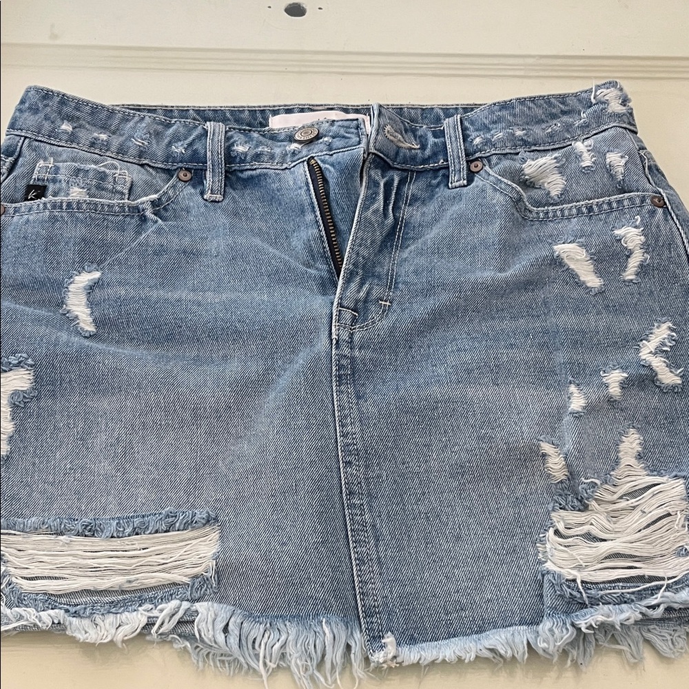 KanCan Light Blue Distressed Mini Skirt